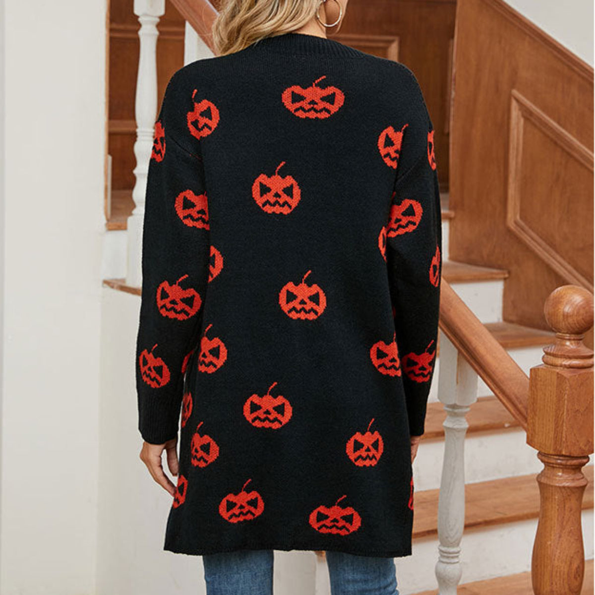 Dame Halloween Cardigan | Græskarmønster & Lang Pasform | Sæsonlag Til Hverdagsbrug Om Efteråret & Halloween | Vanero