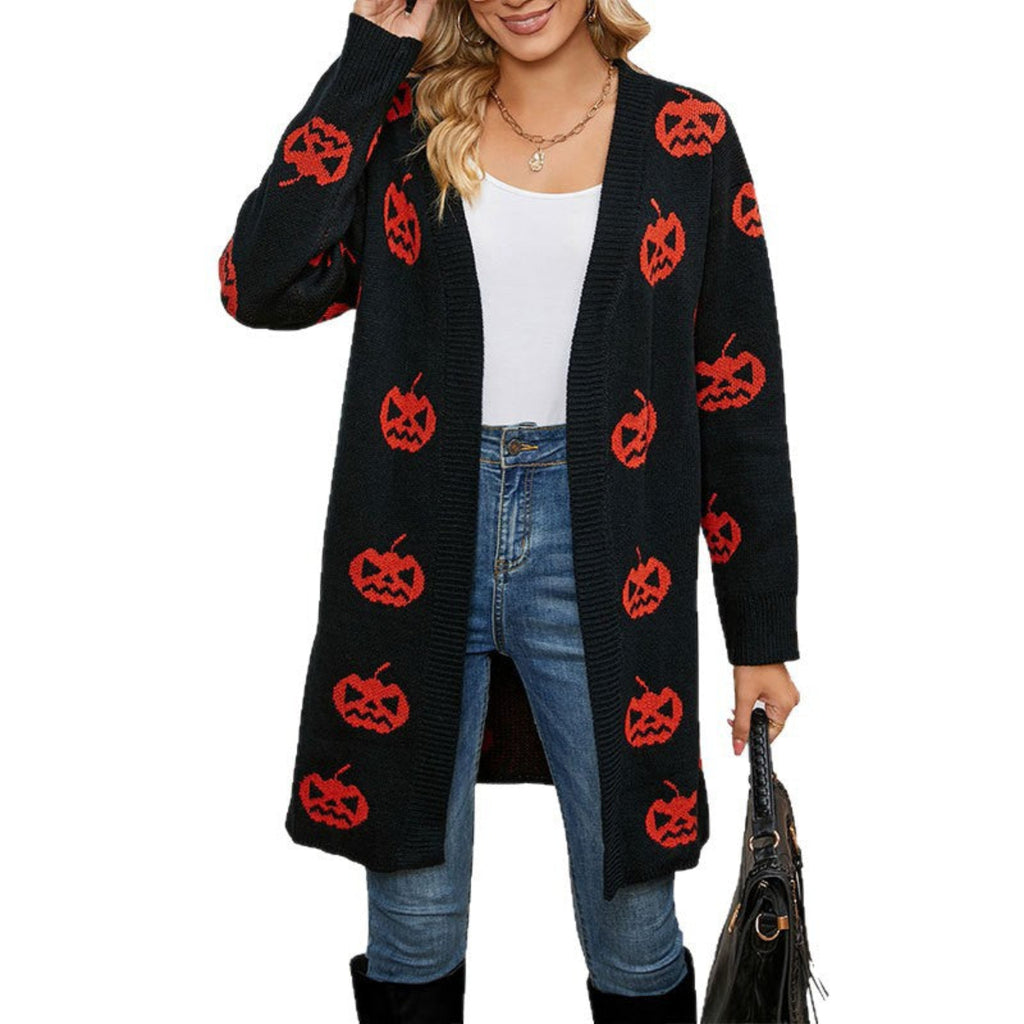 Dame Halloween Cardigan | Græskarmønster & Lang Pasform | Sæsonlag Til Hverdagsbrug Om Efteråret & Halloween | Vanero