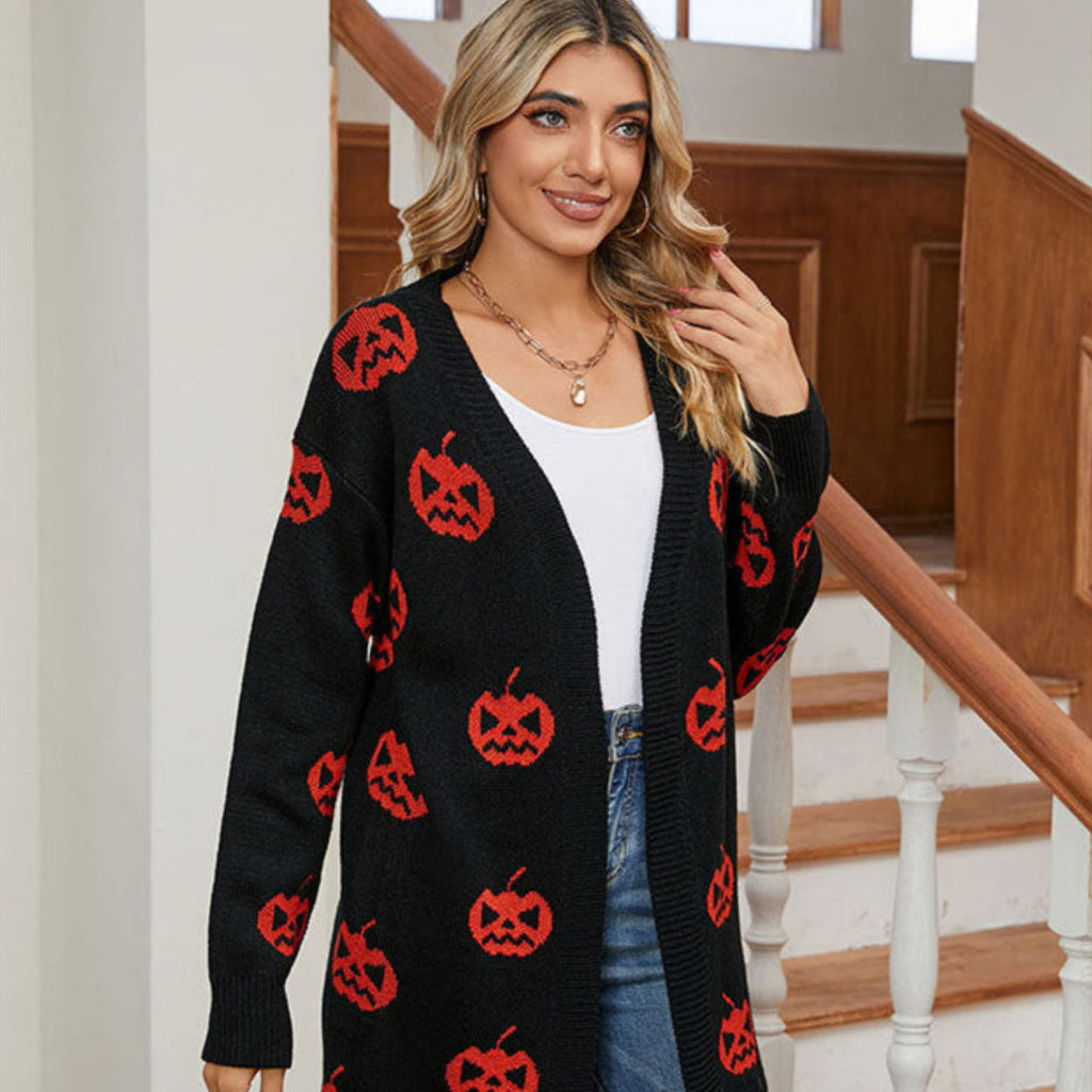 Dame Halloween Cardigan | Græskarmønster & Lang Pasform | Sæsonlag Til Hverdagsbrug Om Efteråret & Halloween | Vanero