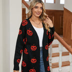 Dame Halloween Cardigan | Græskarmønster & Lang Pasform | Sæsonlag Til Hverdagsbrug Om Efteråret & Halloween | Vanero