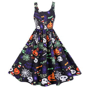Dame Halloween Swingkjole | A-Linje Med Græskar- Edderkop- & Skeletmotiv | Kjole Til Fester & Udklædning | Vanero