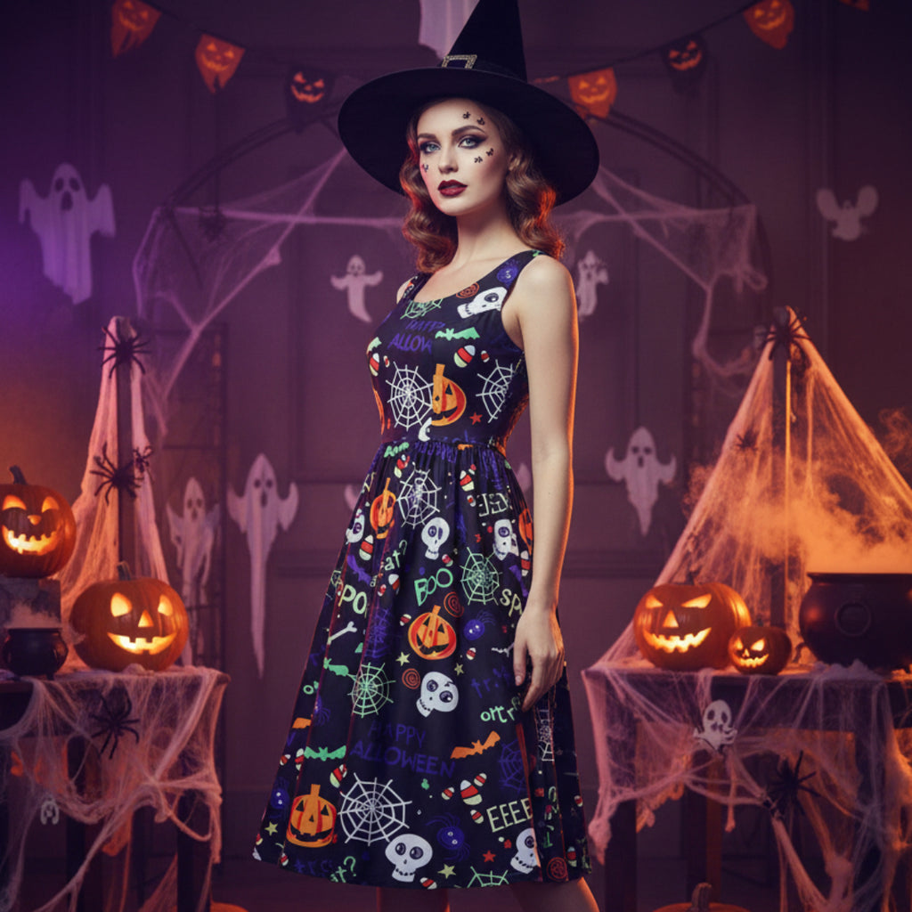 Dame Halloween Swingkjole | A-Linje Med Græskar- Edderkop- & Skeletmotiv | Kjole Til Fester & Udklædning | Vanero