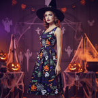 Dame Halloween Swingkjole | A-Linje Med Græskar- Edderkop- & Skeletmotiv | Kjole Til Fester & Udklædning | Vanero