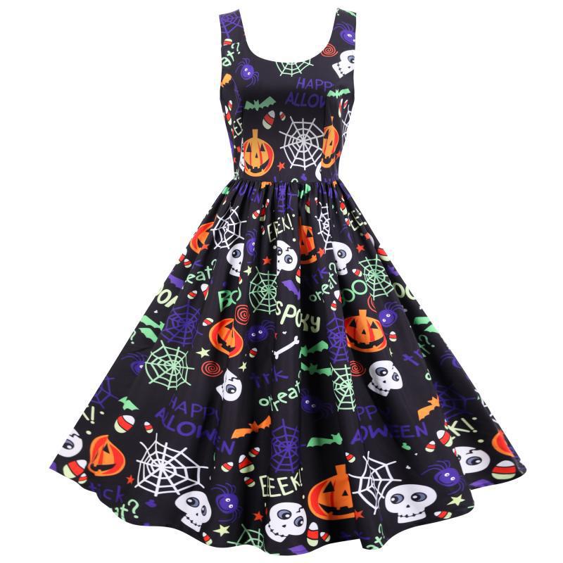 Dame Halloween Swingkjole | A-Linje Med Græskar- Edderkop- & Skeletmotiv | Kjole Til Fester & Udklædning | Vanero