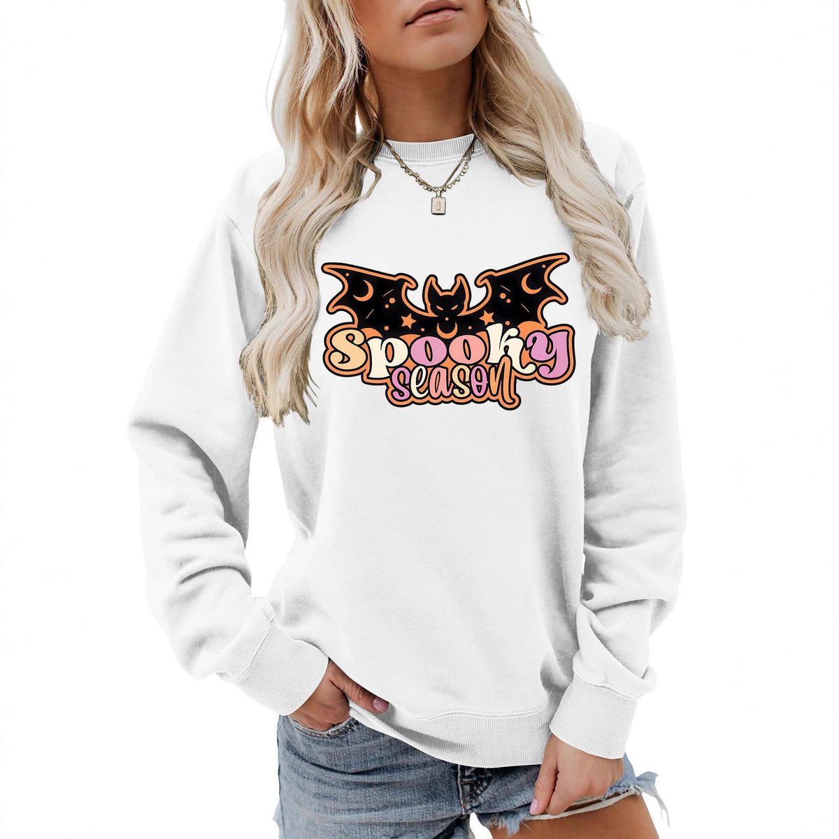 Dame Halloween Sweatshirt i Bomuld | Grafisk Vampyrvinge-Print | Afslappet Langærmet Pullover Til Efterår | Vanero