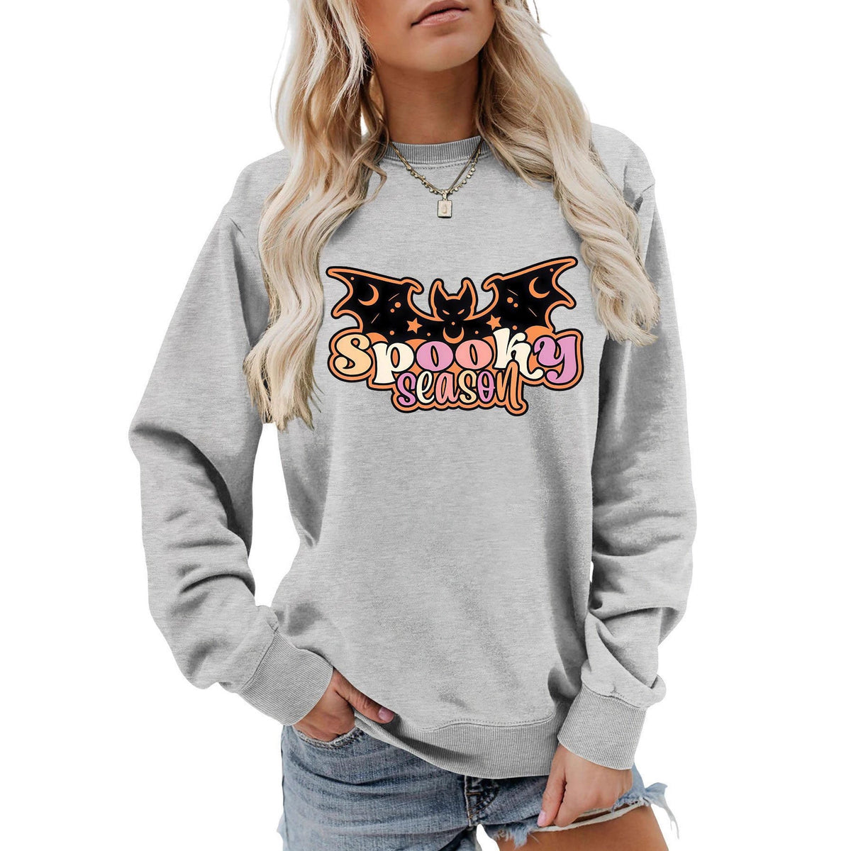 Dame Halloween Sweatshirt i Bomuld | Grafisk Vampyrvinge-Print | Afslappet Langærmet Pullover Til Efterår | Vanero
