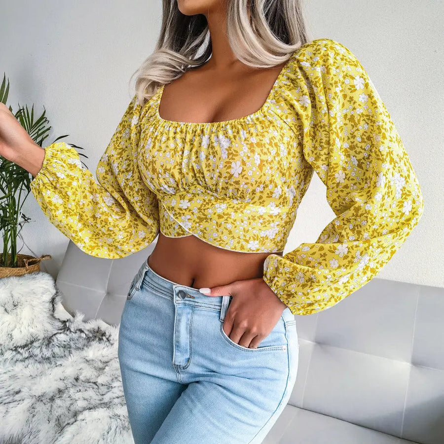Blomstret Chiffon Cropped Top | Kort Sommertop med Print | Regular Fit til Hverdagsbrug | Vanero