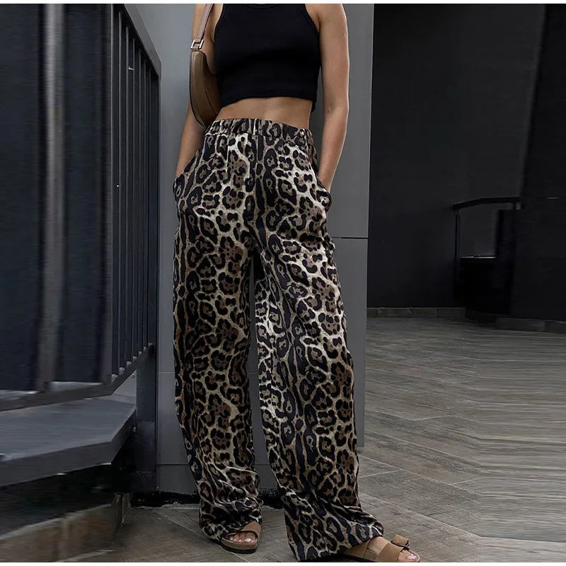 Dame Bukser Stretch Tekstilmateriale | Fleksibel Pasform Leopardmønstrede Bukser | Hverdagsdesign Til Fritid & Casual Brug | Vanero