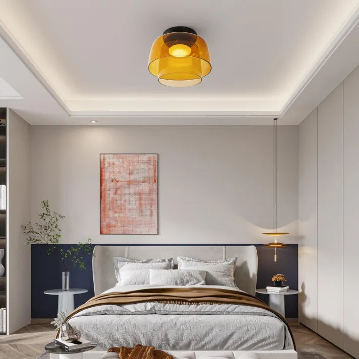 Glas Loftlampe Med Metalkonstruktion | E27 Loftbelysning Til Indendørs Brug | Fås I Ravglas Eller Klart Glas | Vanero