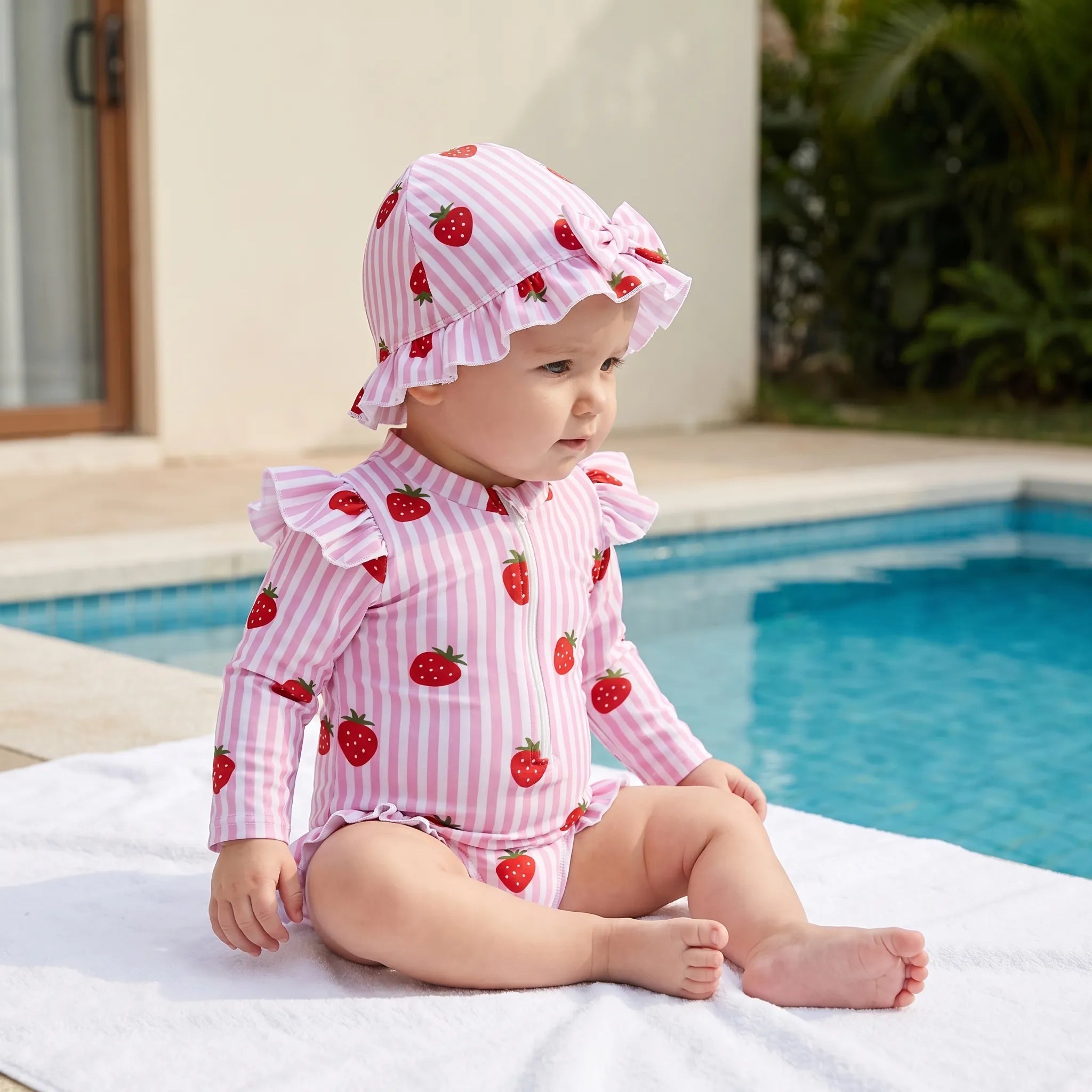 Småbørns Badesæt | Polyester Elastan Langærmet Rash Guard Med Solhat | Strand Og Pool | Vanero
