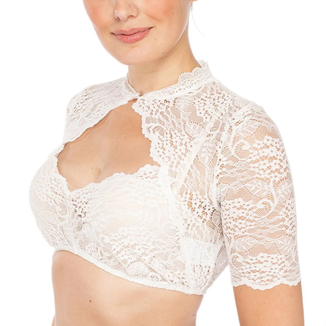 Dame Dirndl-Bluse i Polyester | Blondemønster & Formet Halsudskæring | Traditionel Top Til Oktoberfest & Festival | Vanero