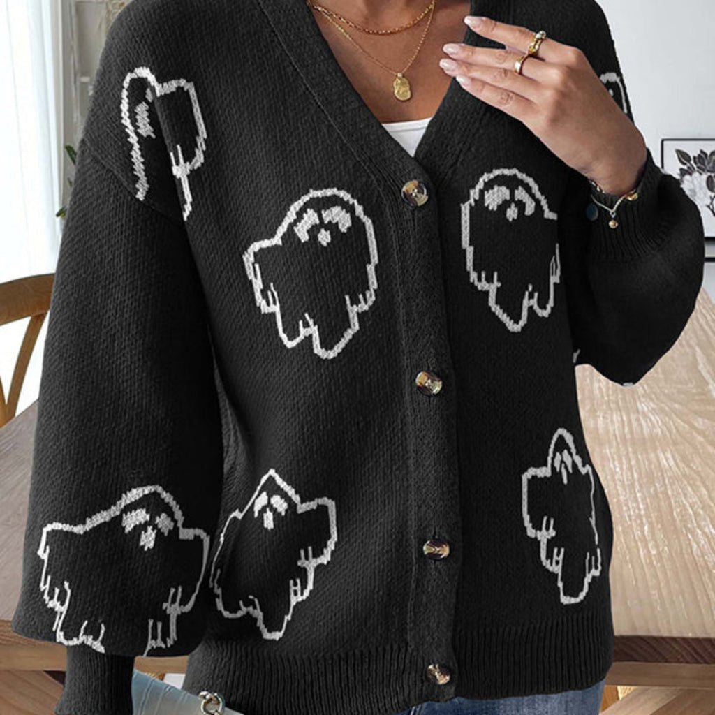 Dame Halloween Strikcardigan | Spøgelsesmønster & Knaplukning | V-Hals Langærmet Lag Til Afslappet Efterårsbrug | Vanero