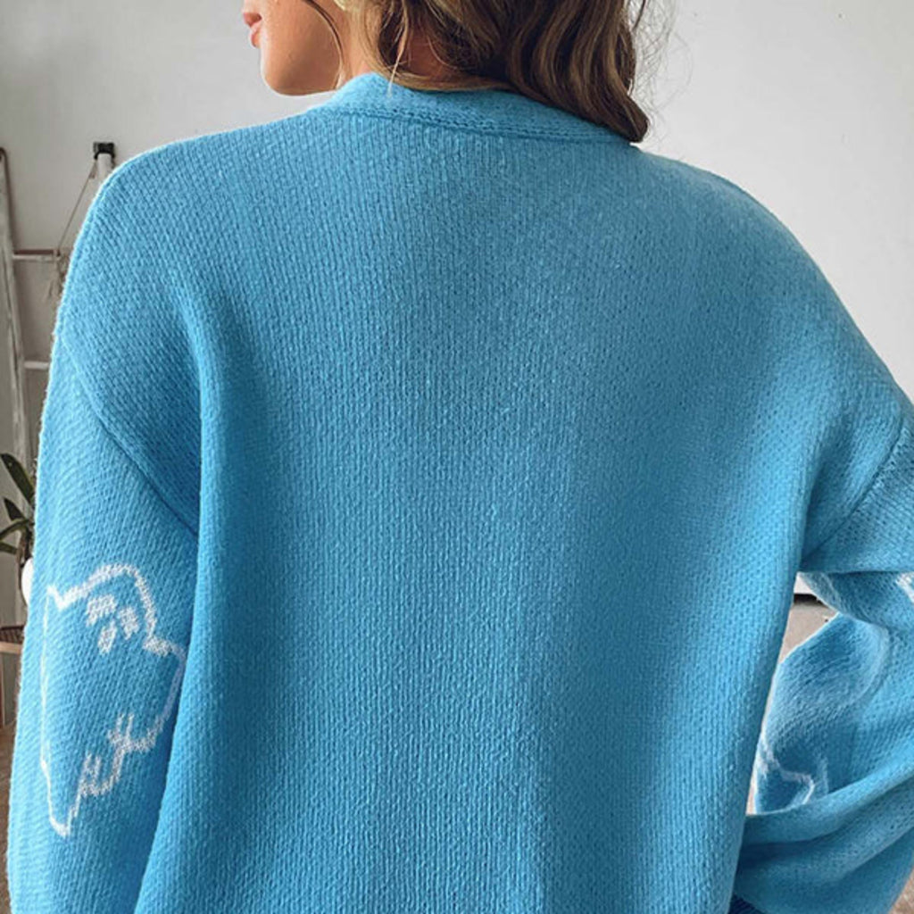 Dame Halloween Strikcardigan | Spøgelsesmønster & Knaplukning | V-Hals Langærmet Lag Til Afslappet Efterårsbrug | Vanero