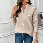 Dame Polyester | Strikket Hjertemønster & Rund Hals | Langærmet Pullover Til Hverdagsbrug & Sæsonbaseret Lag-På-Lag | Vanero
