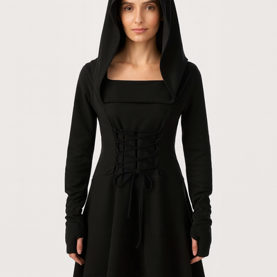 MoonShadow Gothic Kjole | Dame Cosplay Kjole med Hætte og Ærmer | Vanero