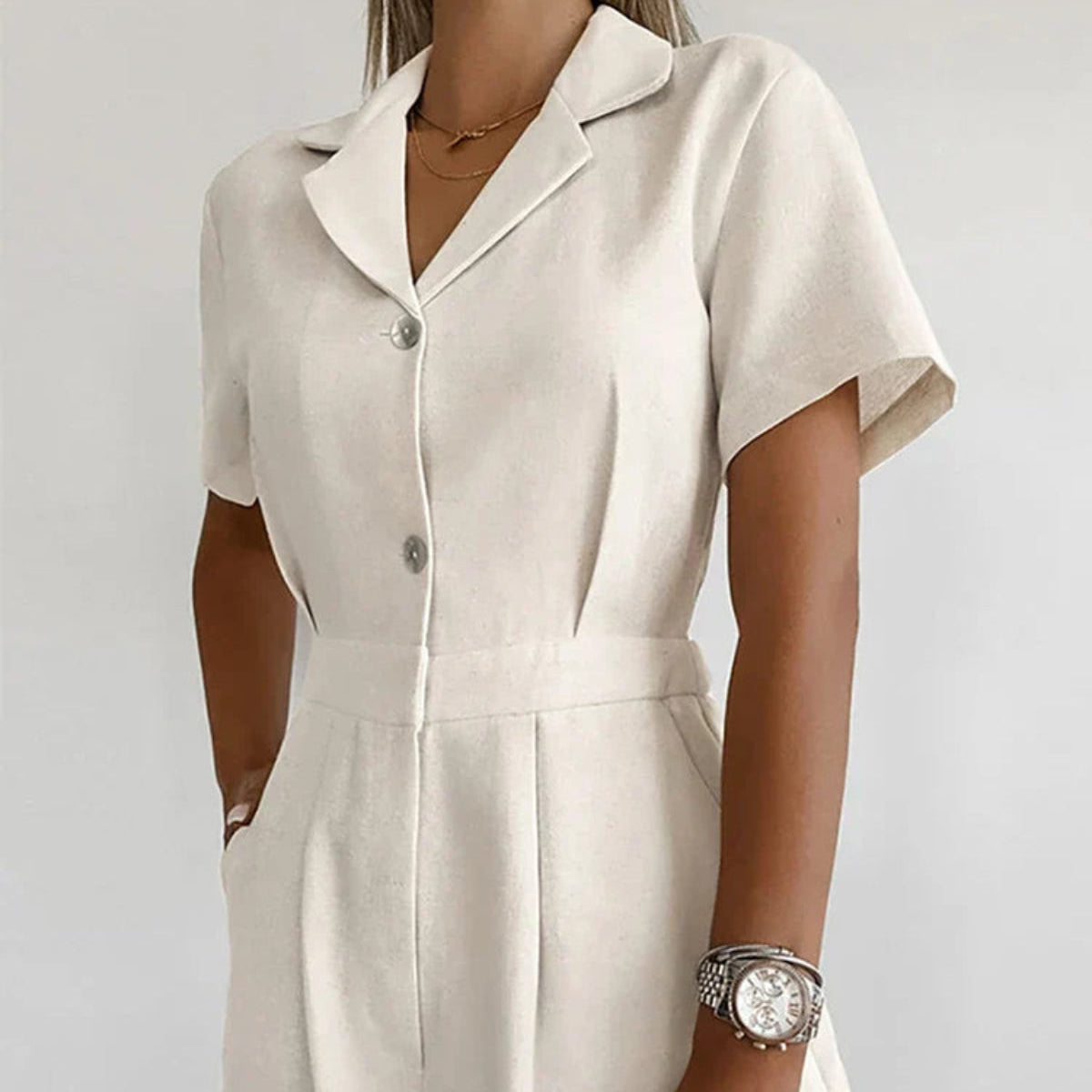 Dame Linned Jumpsuit | Kortærmet Jumpsuit Med Komfortabel Pasform Til Sommerbrug | Vanero
