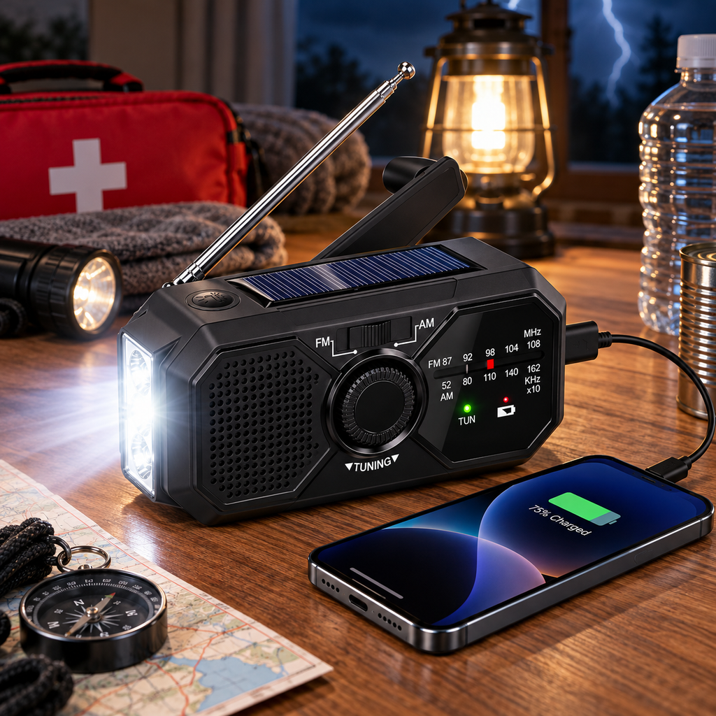 Nødradio Med Solceller og Håndsving | AM FM NOAA Modtagelse | Lommelygte SOS-Alarm og USB-Opladning | Vanero