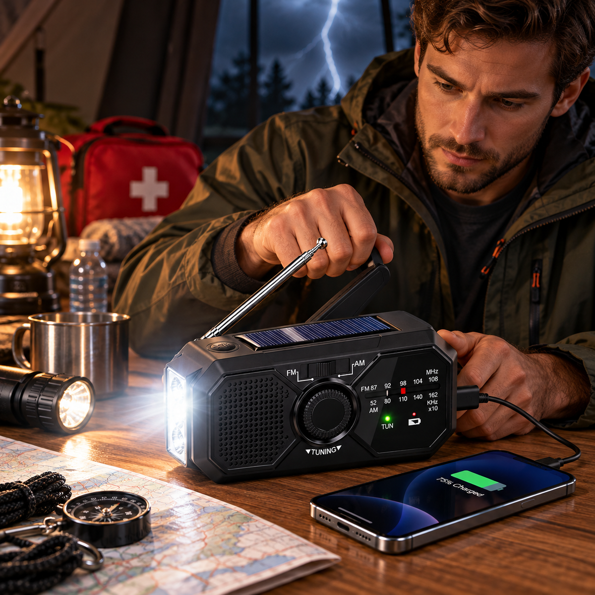 Nødradio Med Solceller og Håndsving | AM FM NOAA Modtagelse | Lommelygte SOS-Alarm og USB-Opladning | Vanero