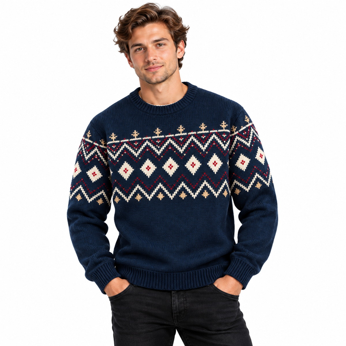 Strikpullover Til Herre | Nordisk Inspireret Jacquard Med Rombe- & Zigzagmønster | Løs Pasform, Rund Hals & Ribbede Manchetter | Vanero