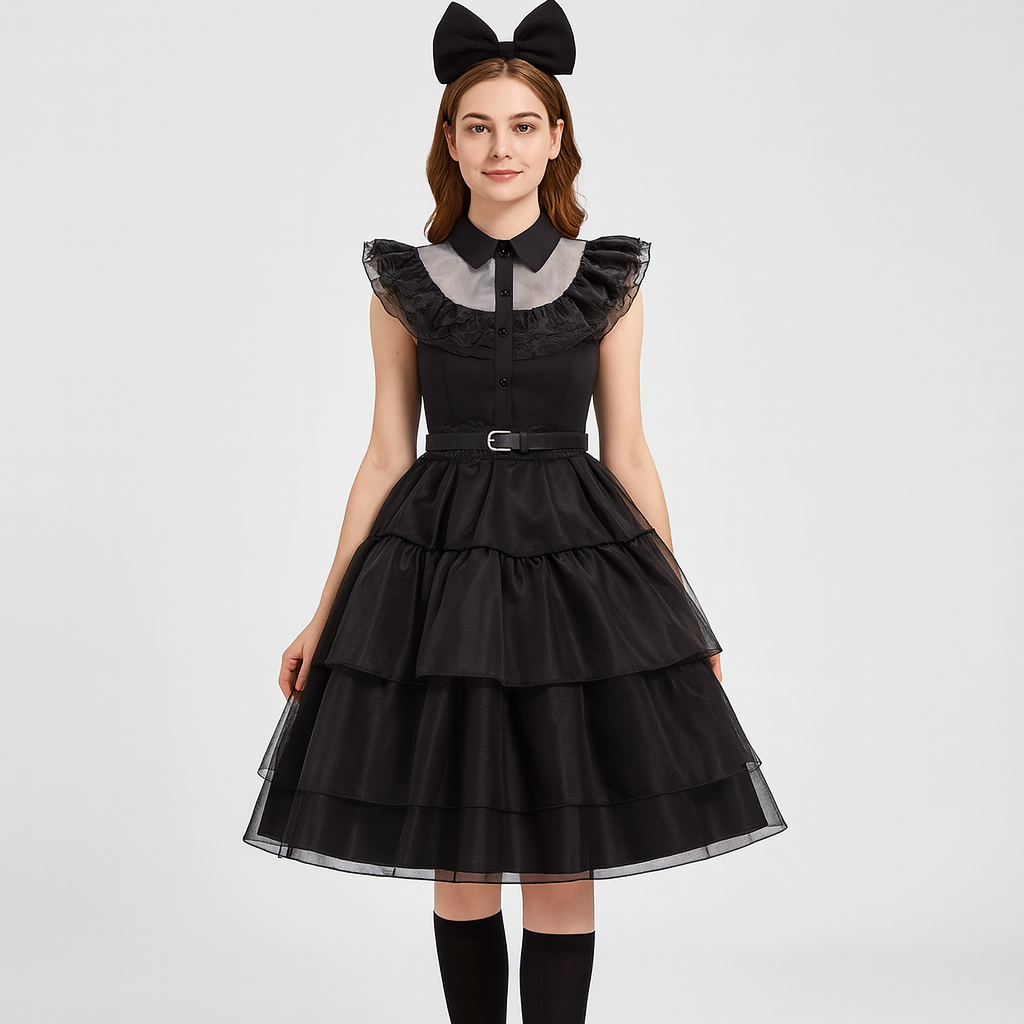 Dame Gothic Netkjole Lagdelt Mesh Design | Flowende Cosplay Silhuet | Temafester & Cosplay Arrangementer | Vanero