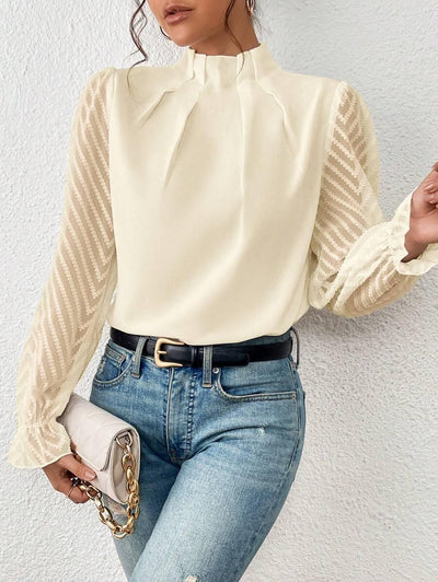 Bluse med Høj Hals | Mesh-ærmer | Elegant Stil l Vanero