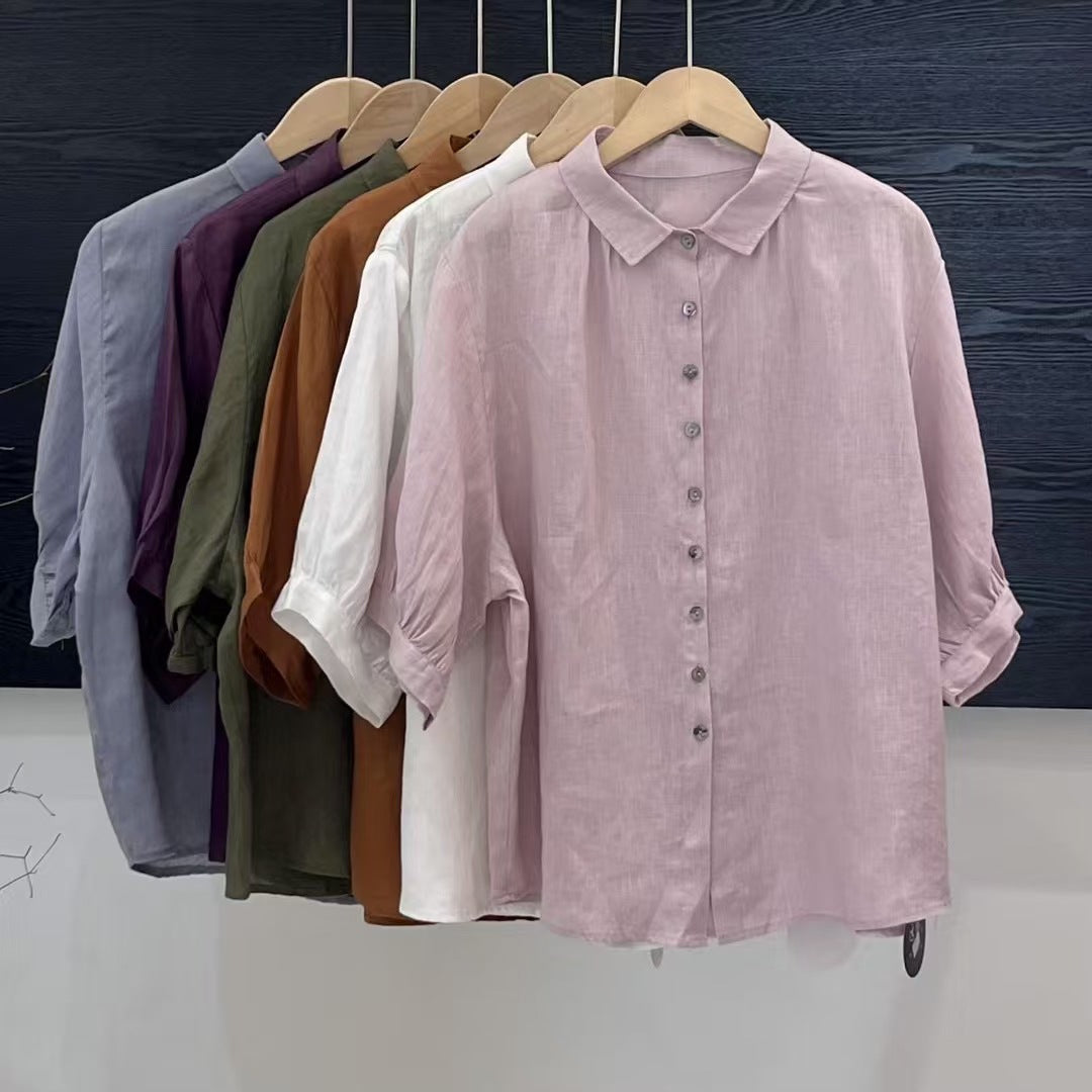 Relaxed Fit Damebluse Med Knappelukning Og Oprullelige Ærmer | Komfortabel Bluse Til Hverdagsbrug | Vanero