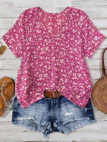 Dame Bluse Polyesterblanding | Almindelig Pasform Bluse Med Blomsterprint | V-Hals Langærmet Design Til Hverdagsbrug | Vanero