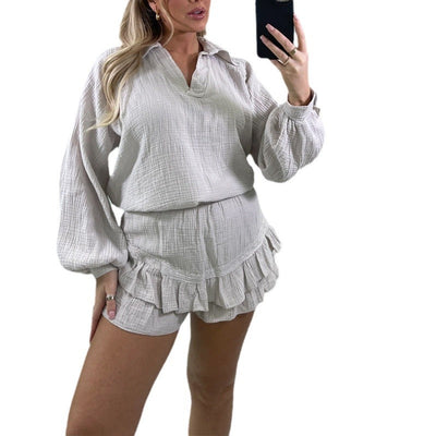 Dame Fritidsbluser Og Shorts Sæt Med Flæsedetaljer | Komfortabelt Sommertøj | Vanero