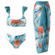 Damebadetøjssæt Polyester Spandex | 3-Delt Badetøj med Blomstret Design | Top, Bund og Nederdel til Strand og Sommerbrug | Vanero
