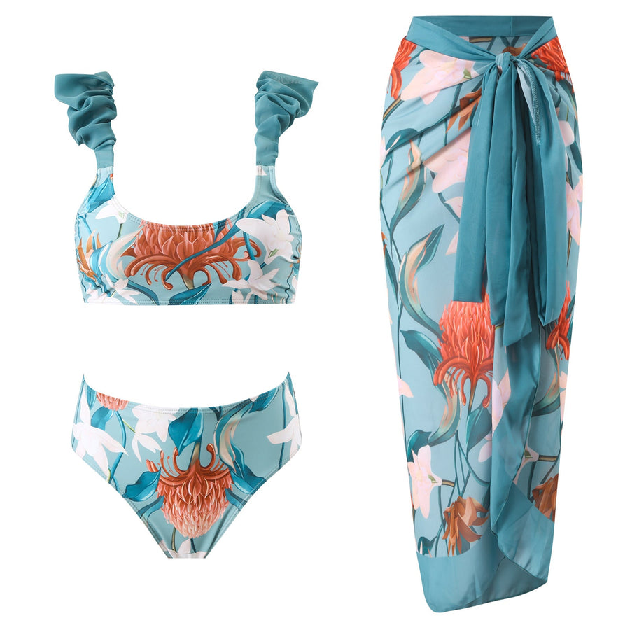 Damebadetøjssæt Polyester Spandex | 3-Delt Badetøj med Blomstret Design | Top, Bund og Nederdel til Strand og Sommerbrug | Vanero
