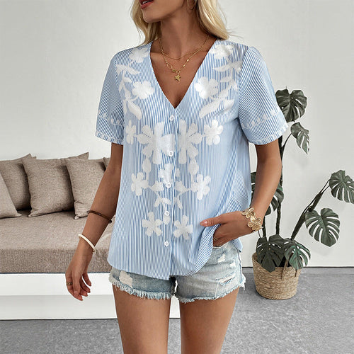 Dame Bluse Polyesterblanding | Almindelig Pasform Bluse Med Blomsterprint | Knaplukning Foran Til Arbejde & Hverdagsbrug | Vanero