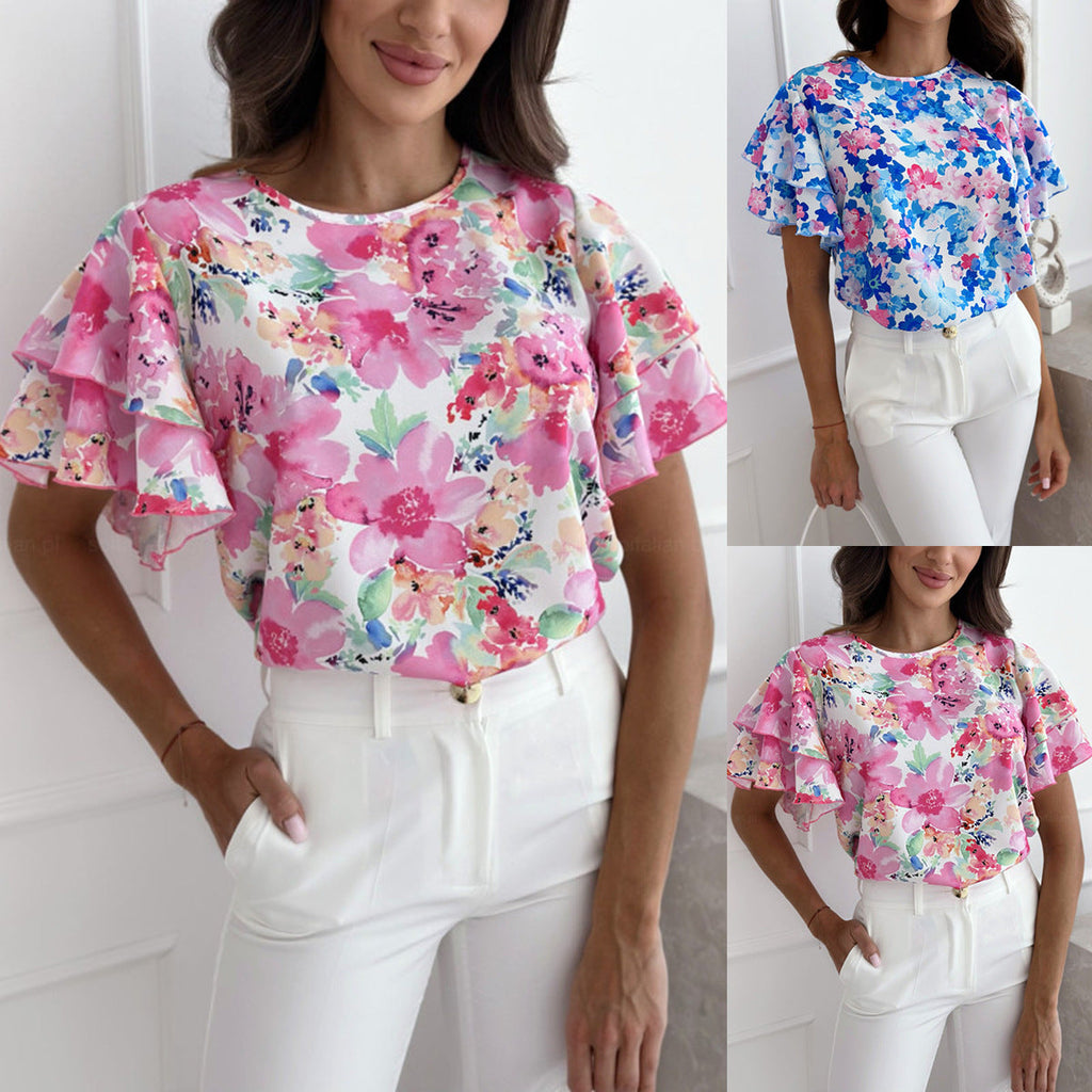 Dame Bluse Polyesterblanding | Almindelig Pasform Bluse Med Blomsterprint | Flæseærmer Til Arbejde & Hverdagsbrug | Vanero