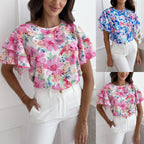 Dame Bluse Polyesterblanding | Almindelig Pasform Bluse Med Blomsterprint | Flæseærmer Til Arbejde & Hverdagsbrug | Vanero