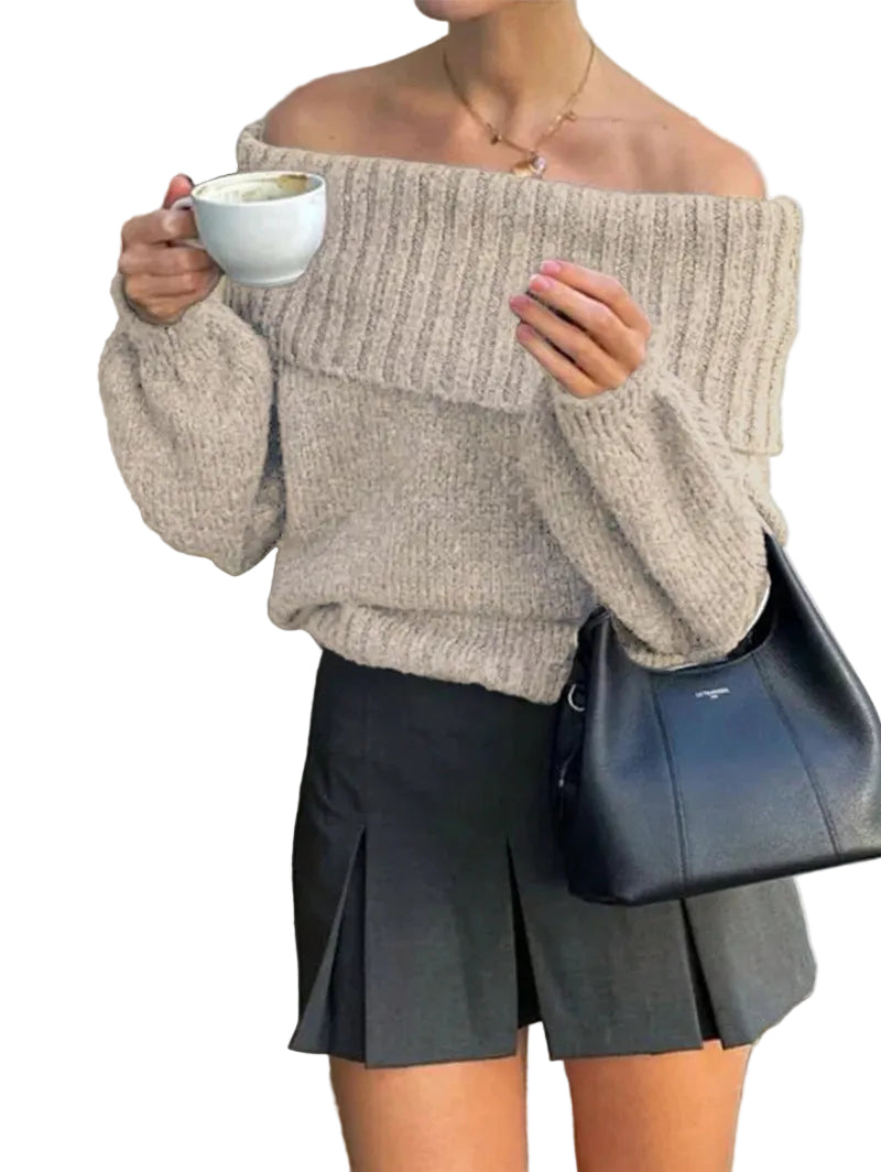 Dametrøje Børstet Tekstilmateriale | Afslappet Pasform Sweater | Off-Shoulder Design til Hverdags- & Køligt Vejr Brug | Vanero