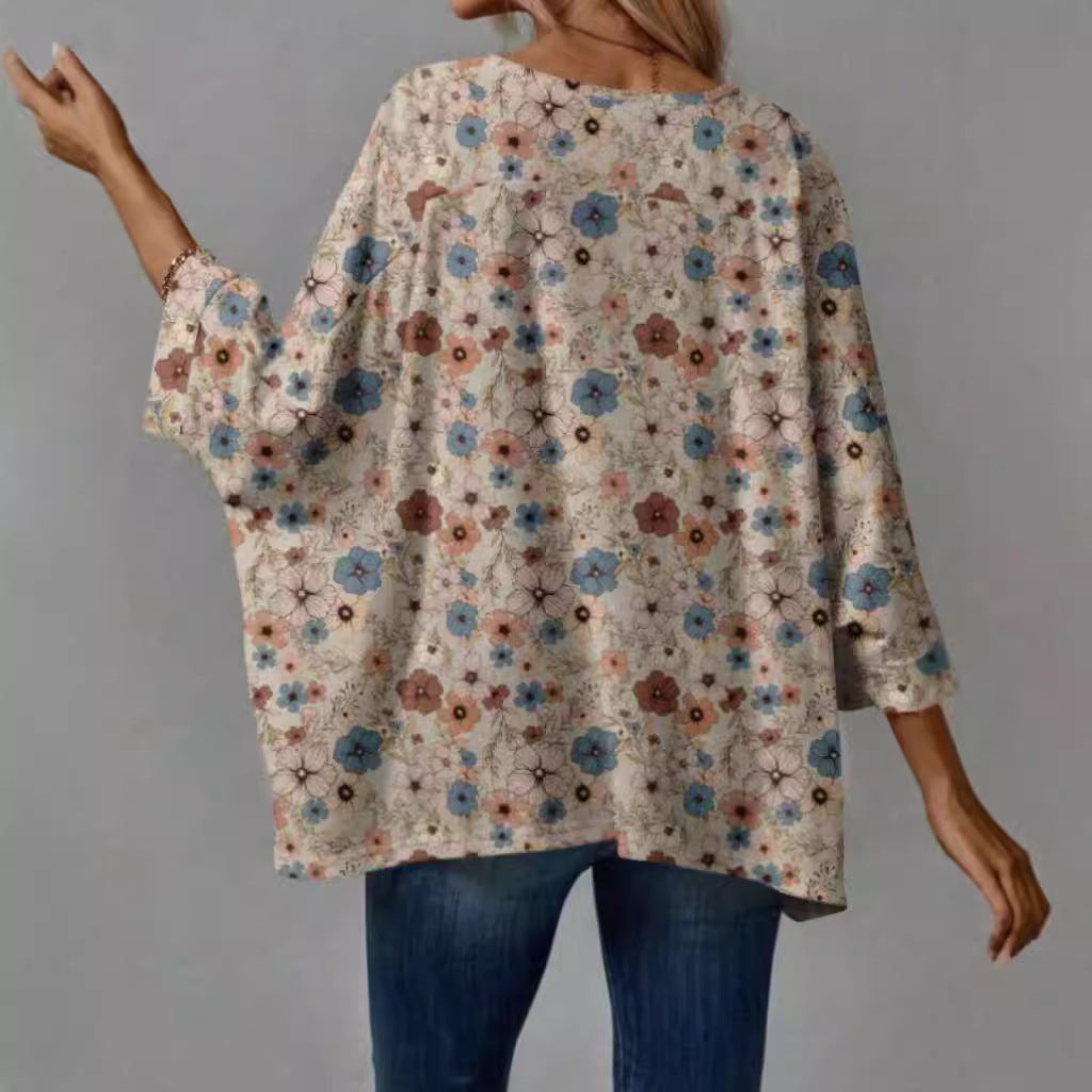 Dame Bluse Polyesterblanding | Afslappet Pasform Bluse Med Blomsterprint | Rund Hals Til Hverdagsbrug & Fritid | Vanero