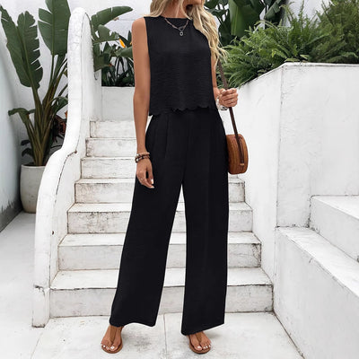Dame | afslappet jumpsuit med elegant laceindsats og bred ben stilla | vanero