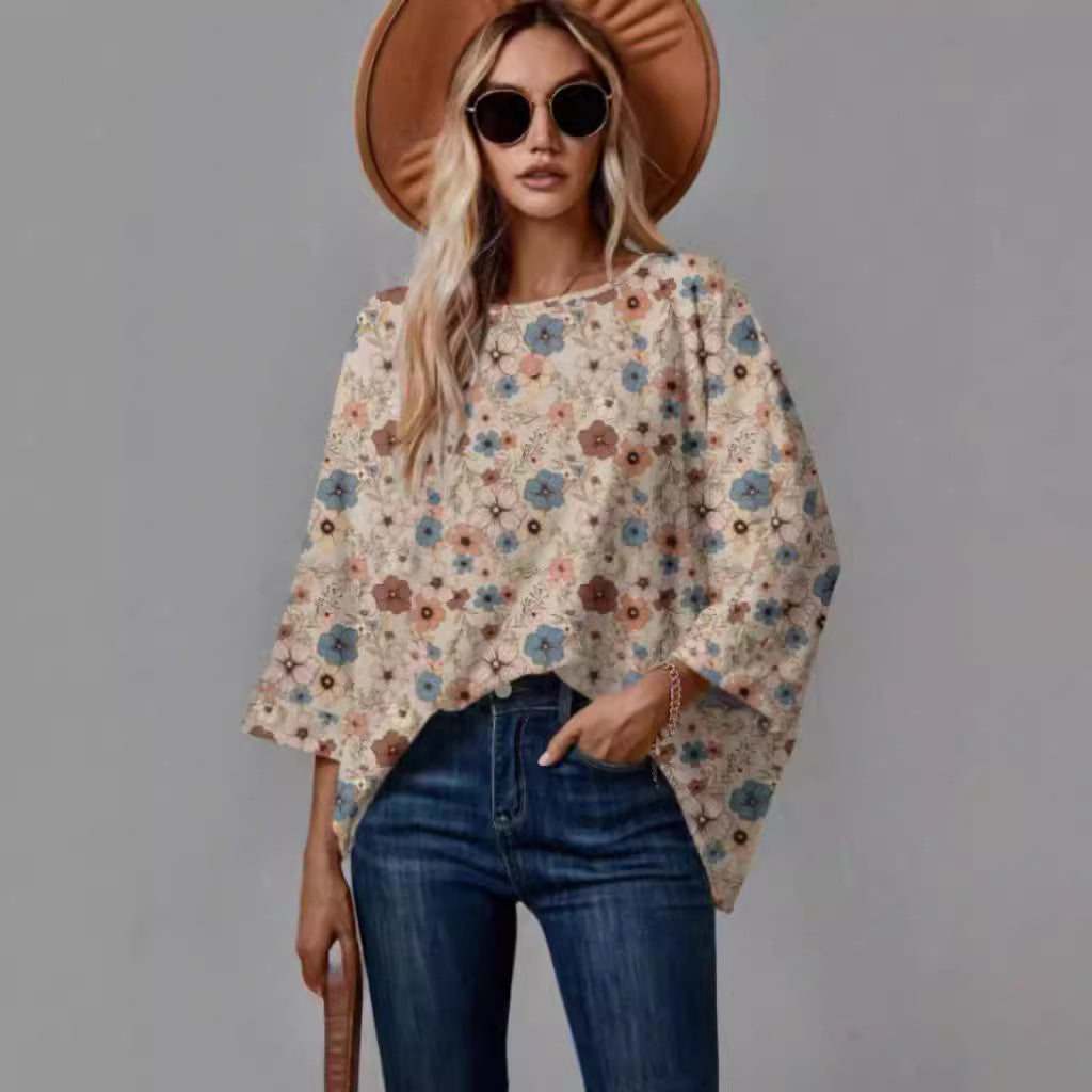 Dame Bluse Polyesterblanding | Afslappet Pasform Bluse Med Blomsterprint | Rund Hals Til Hverdagsbrug & Fritid | Vanero