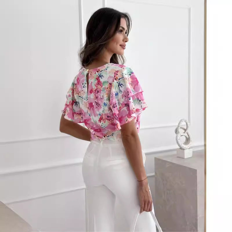 Dame Bluse Polyesterblanding | Almindelig Pasform Bluse Med Blomsterprint | Flæseærmer Til Arbejde & Hverdagsbrug | Vanero