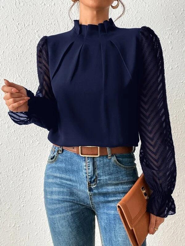 Bluse med Høj Hals | Mesh-ærmer | Elegant Stil l Vanero