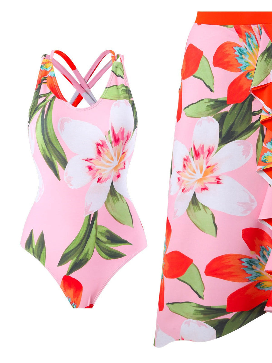 Damebadetøjssæt Polyester Spandex | Badetøj med Blomsterdesign | Flæsedetaljer til Strand- og Poolbrug | Vanero