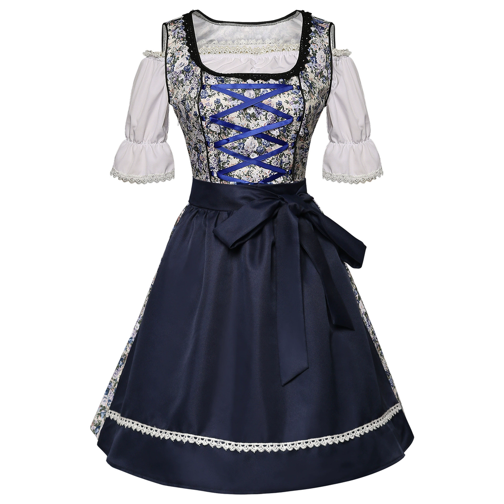 Dame Dirndl Kjole Bomuldsblanding Polyester | Almindelig Pasform Midikjole | Blomstermønster Med Forklæde Til Festivaler & Temafester | Vanero