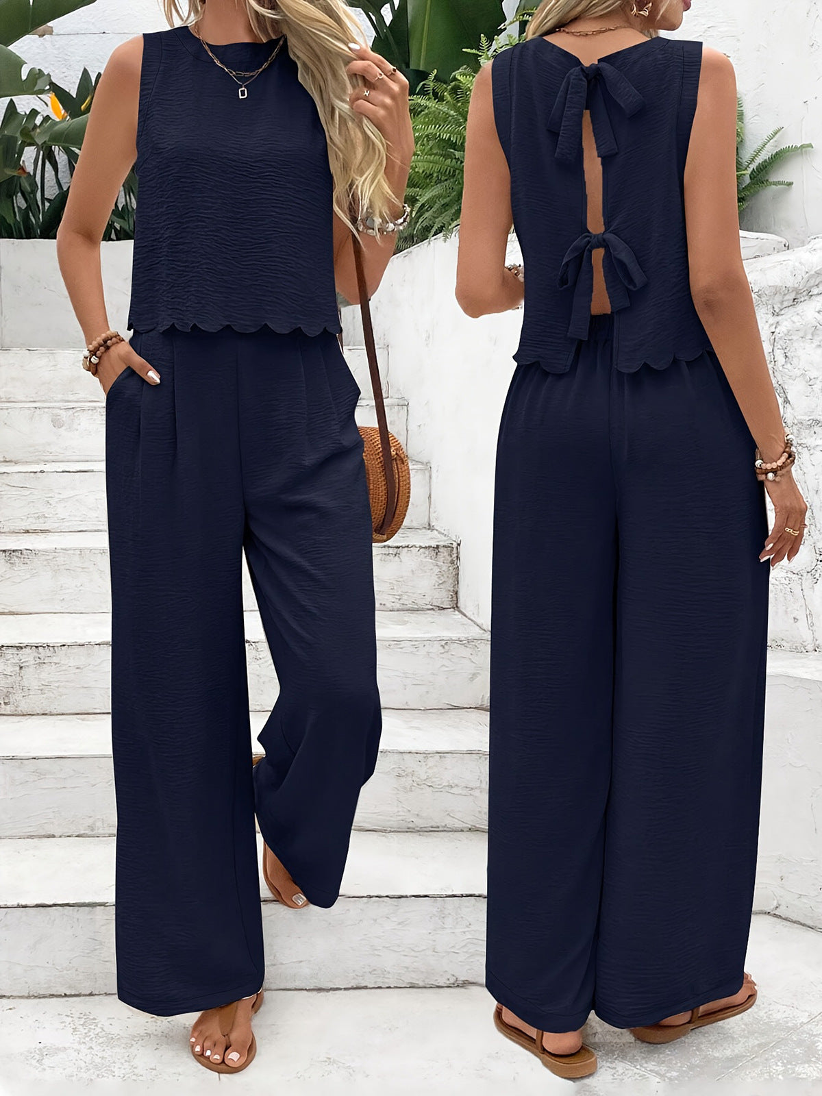 Dame | afslappet jumpsuit med elegant laceindsats og bred ben stilla | vanero