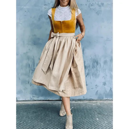 Dame Dirndl Kjole Tekstilmateriale | Almindelig Pasform Midikjole | Blondebluse Med Forklædeskørt Til Festivaler & Arrangementer | Vanero