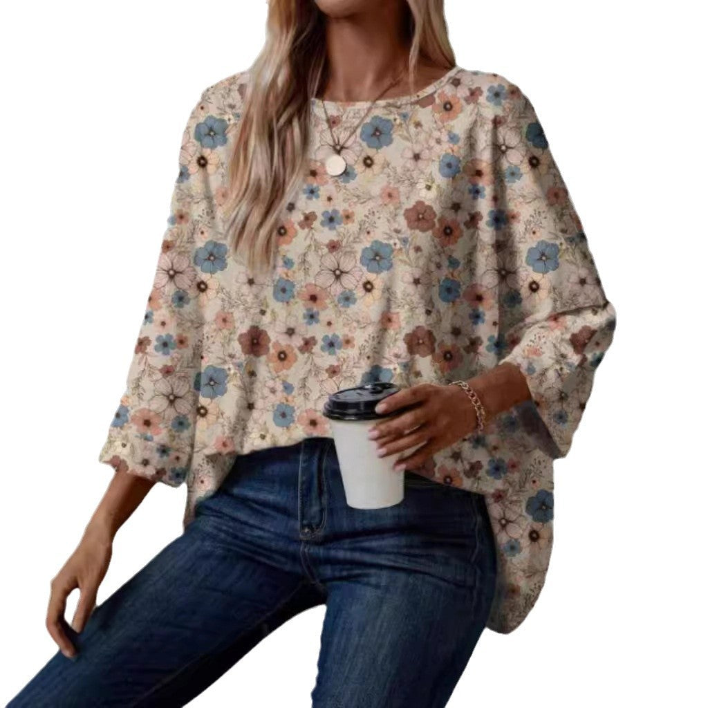 Dame Bluse Polyesterblanding | Afslappet Pasform Bluse Med Blomsterprint | Rund Hals Til Hverdagsbrug & Fritid | Vanero