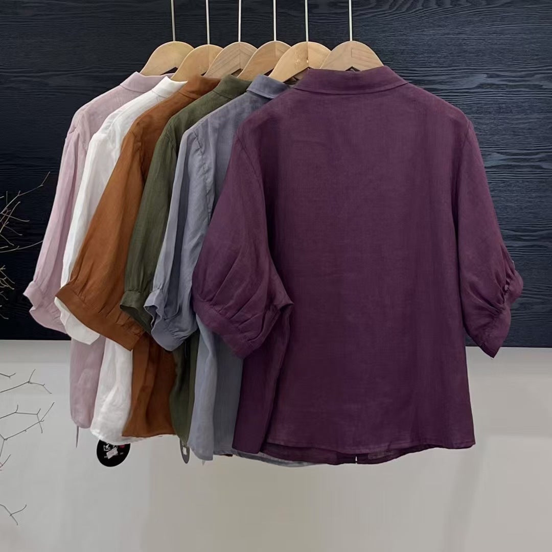 Relaxed Fit Damebluse Med Knappelukning Og Oprullelige Ærmer | Komfortabel Bluse Til Hverdagsbrug | Vanero