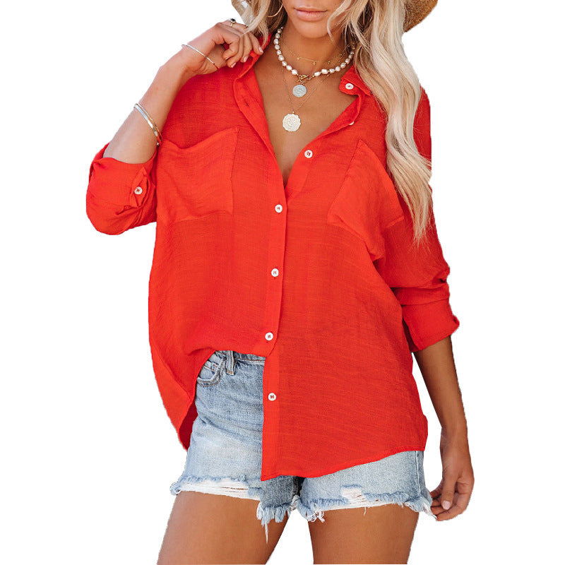 Dame Bluse Bomuldsblanding | Afslappet Pasform V-Hals Top | Brystlommer Til Sommer & Hverdagsbrug | Vanero