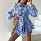 Dame Sæt Bomulds-Polyesterblanding | Regular Fit Bluse- og Shorts Sæt | Blomstermønster Design til Hverdagsbrug & Fritidsaktiviteter | Vanero