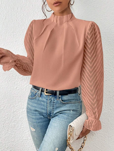 Bluse med Høj Hals | Mesh-ærmer | Elegant Stil l Vanero