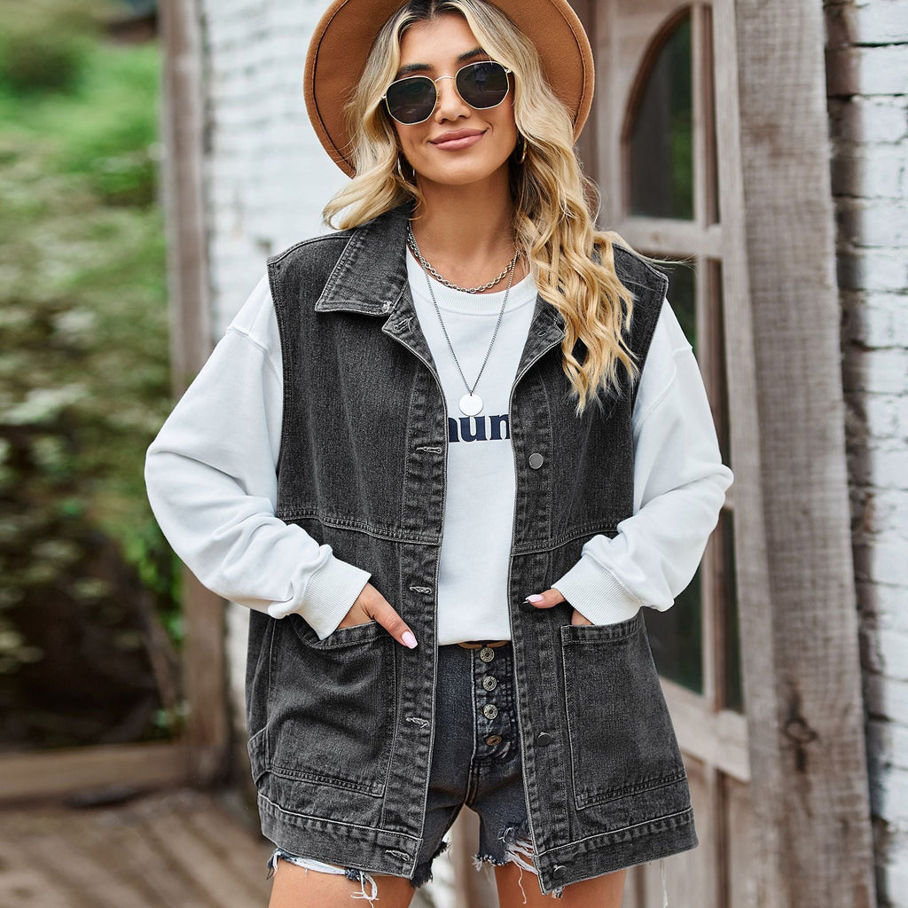 Damevest | Bomuldsdenim Konstruktion Design Med Frontlommer | Hverdagsbrug & Lag-På-Lag Styling | Vanero