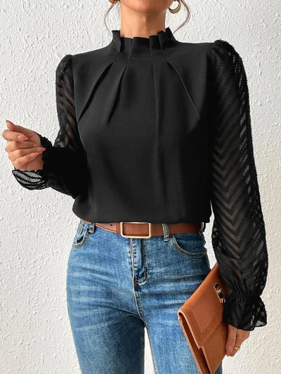 Bluse med Høj Hals | Mesh-ærmer | Elegant Stil l Vanero